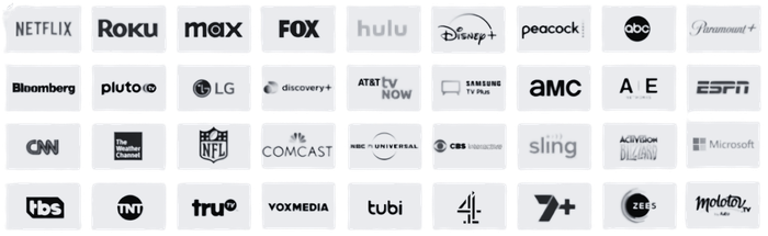 Distribution channels including Netflix, Roku, Max, FOX, Hulu, Disney+, Peacock, ABC, Paramount+, Bloomberg, Pluto TV, LG, Discovery+, AT&T TV Now, Samsung TV Plus, AMC, A&E Networks, ESPN, CNN, The Weather Channel, NFL, Comcast, NBCUniversal, CBS Interactive, Sling, Activision Blizzard, Microsoft, TBS, TNT, truTV, VoxMedia, Tubi, Channel 4, 7Plus, ZEE5, and Molotov.